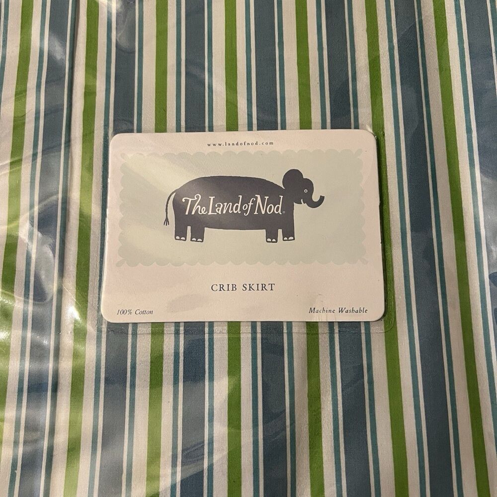 The Land of Nod Blue Green White Striped Crib Skirt 100% Cotton New in Package - Picture 3 of 6